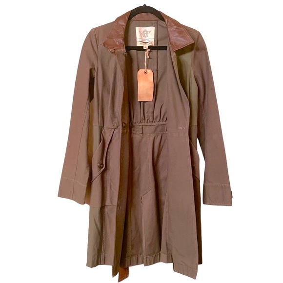 Upcycled Khaki Green Trench coat with upcycled Brown Leather Accents - Picture 1 of 10